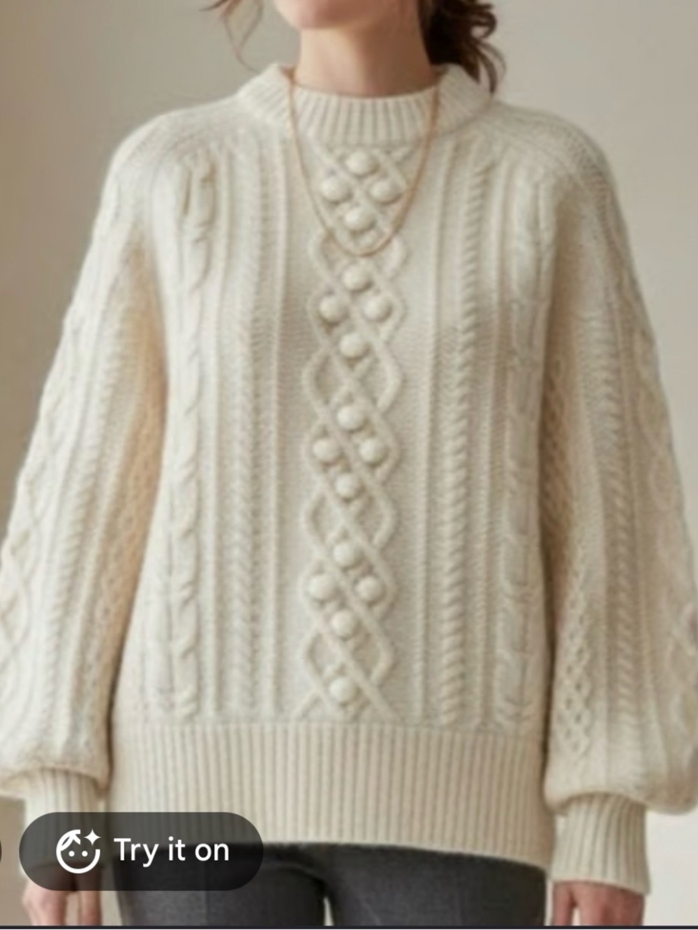 Women's Cream Cable Bobble Crewneck Sweater